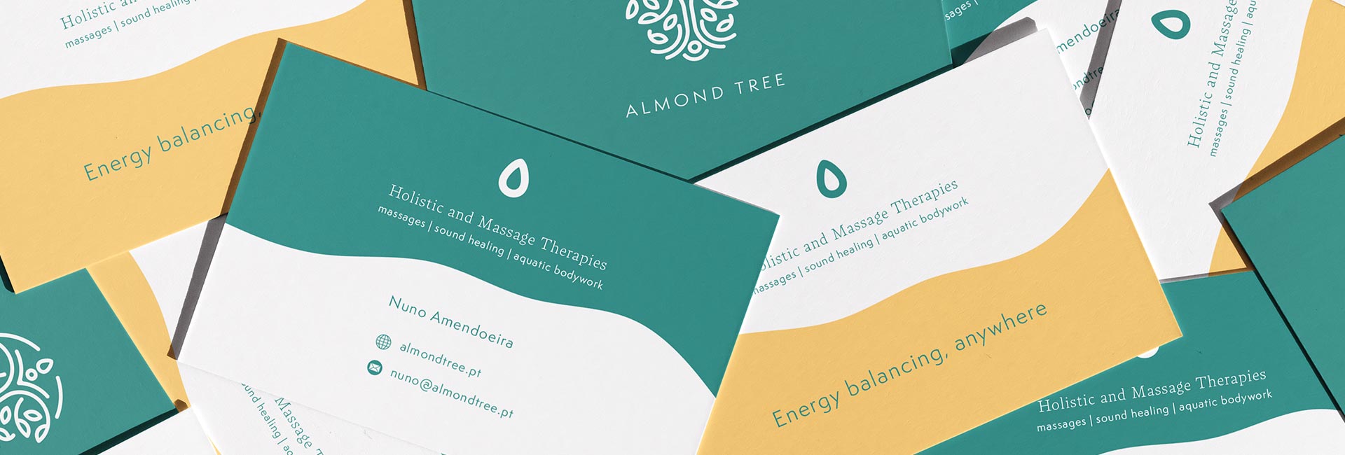 Cartões de visita Almond Tree Therapies - design para Nuno Amendoeira, terapeuta holístico nos Açores