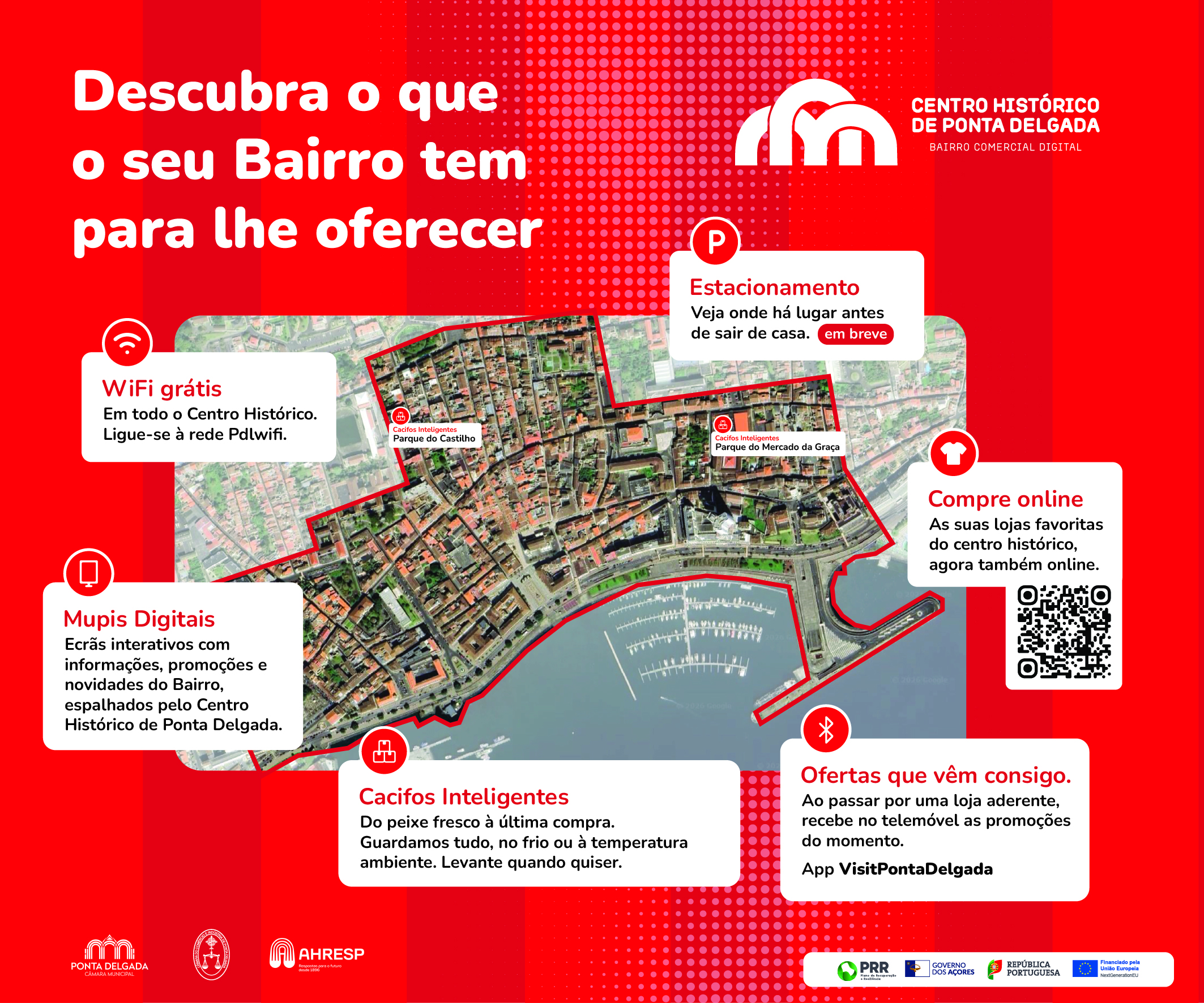 Lona central do stand do Bairro Comercial Digital na FICSA 2026, com convite para descobrir o que o Bairro oferece