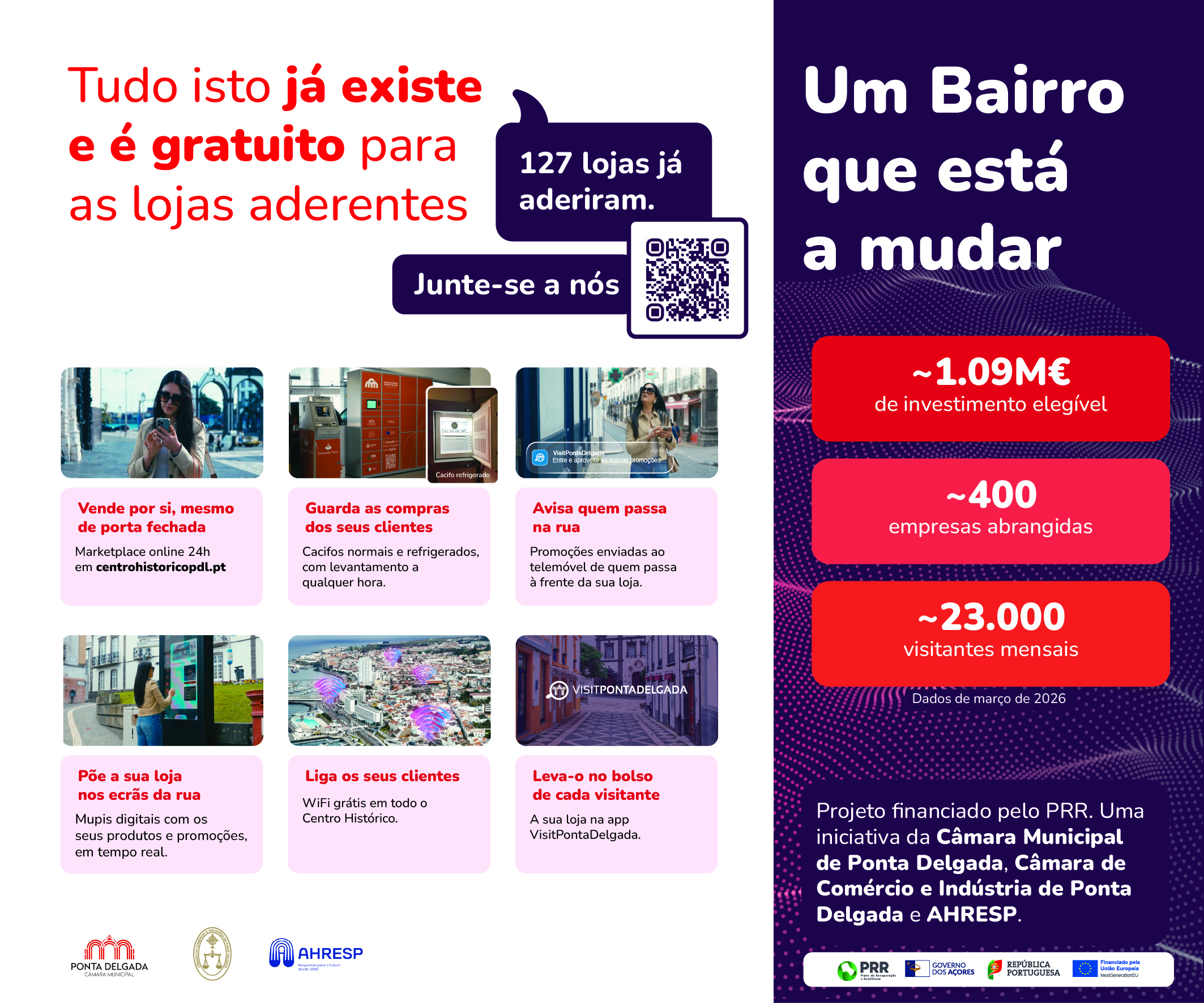 Lona direita do stand do Bairro Comercial Digital na FICSA 2026, com infografia do projeto e lojas aderentes