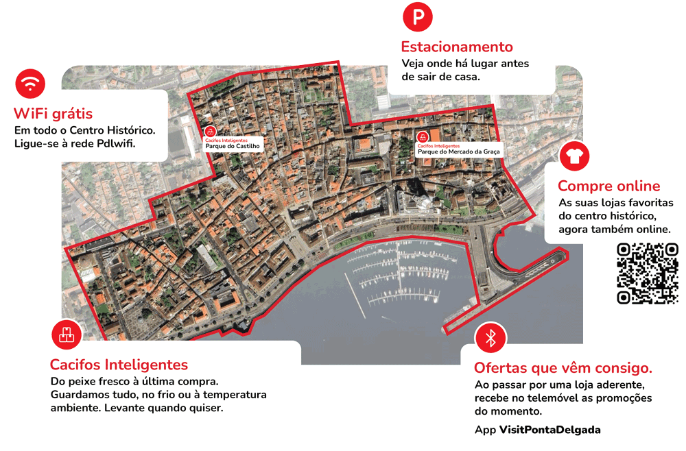 Mapa do Bairro Comercial Digital com o perímetro de 4 km e 0,43 km² do Centro Histórico de Ponta Delgada