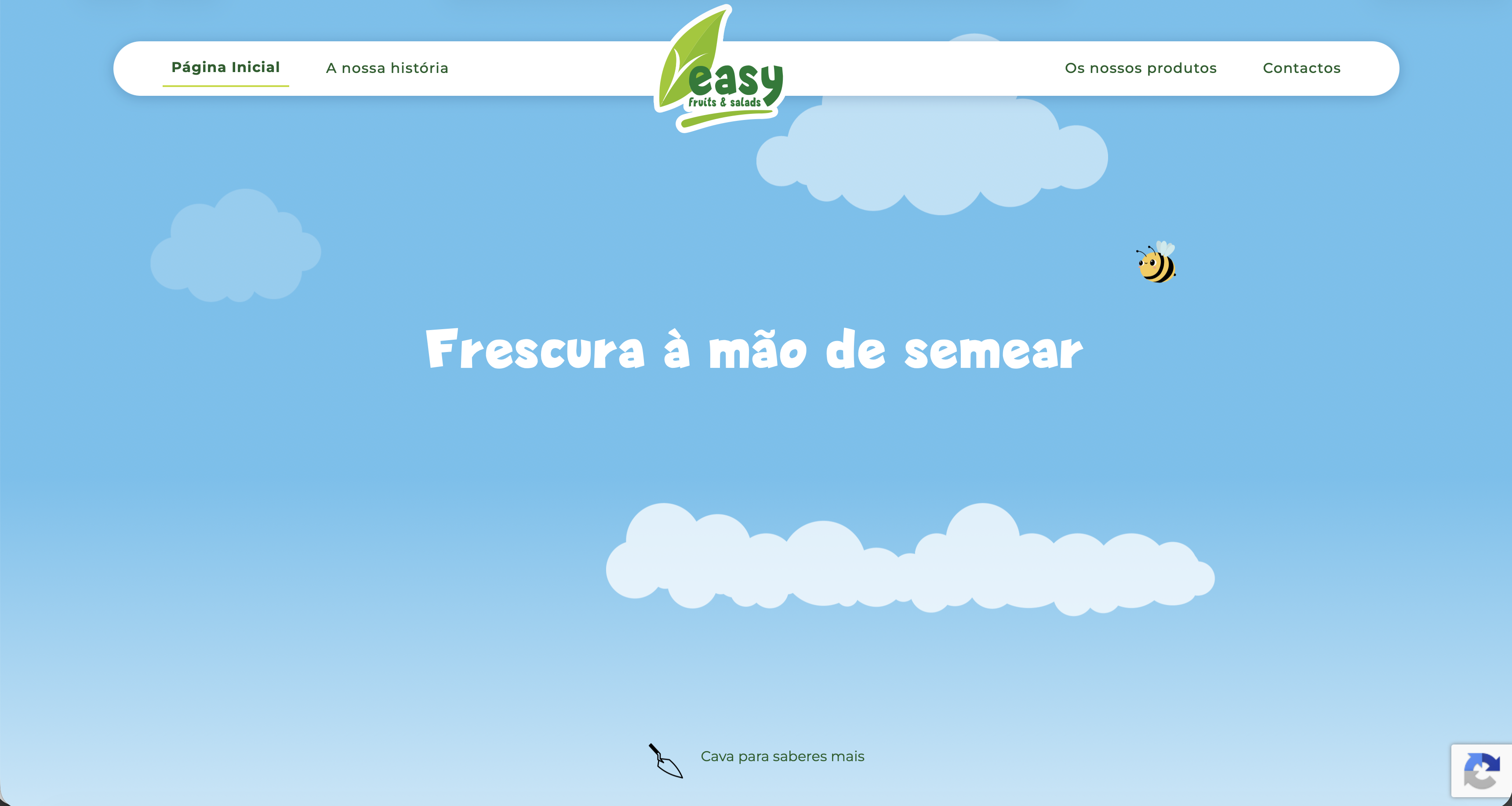 Hero do website Easy Fruits and Salads - céu azul, nuvens ilustradas e abelha mascote com slogan Frescura à mão de semear