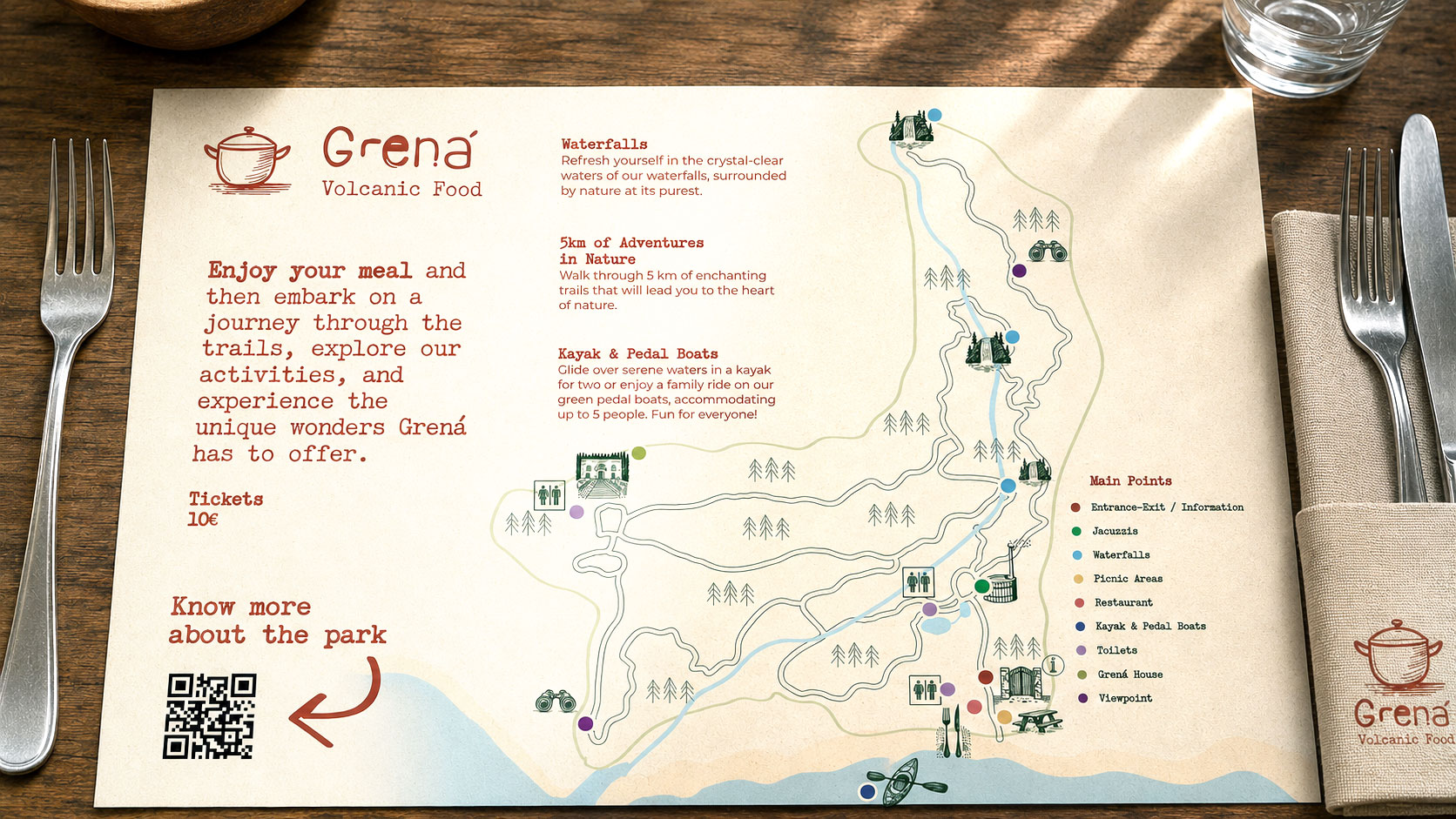Individual de mesa ilustrado do restaurante Volcanic Foods - funciona também como mapa do Parque Grená