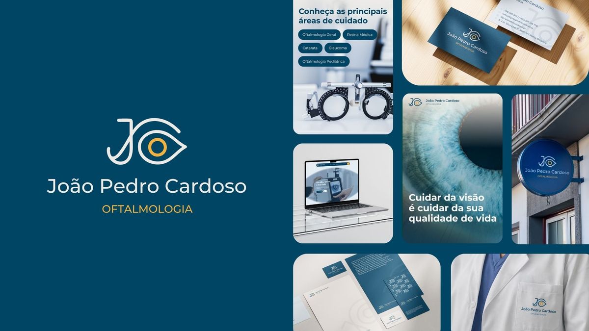 Composição da identidade visual completa da marca Dr. João Pedro Cardoso oftalmologia: logotipo, áreas de atuação, cartões, website e bata