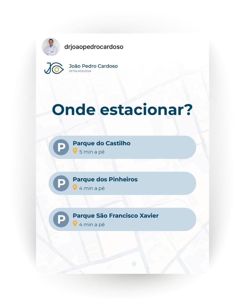 Post Instagram: Indicações de onde estacionar perto da clínica