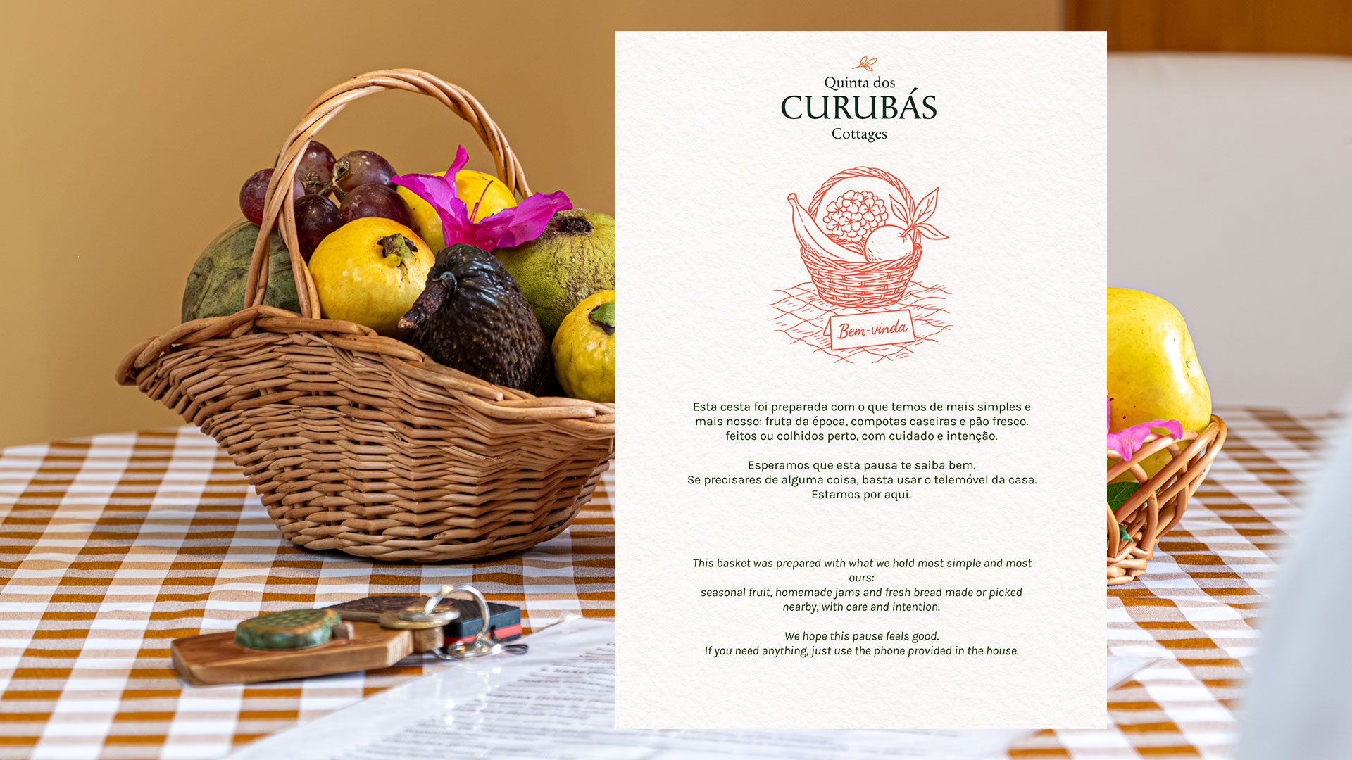 Cartão de boas-vindas da Quinta dos Curubas Cottages com ilustração personalizada - material de comunicação da marca