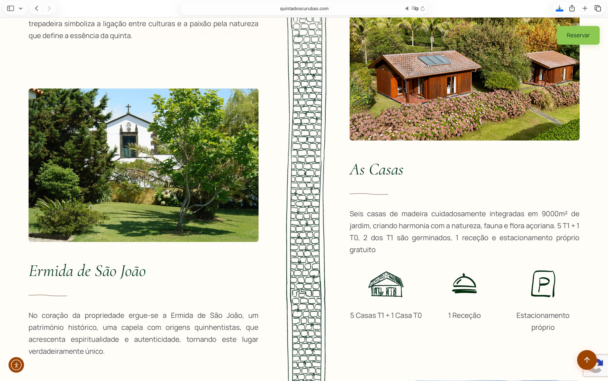 Screenshot do website Quinta dos Curubas Cottages, secção do jardim