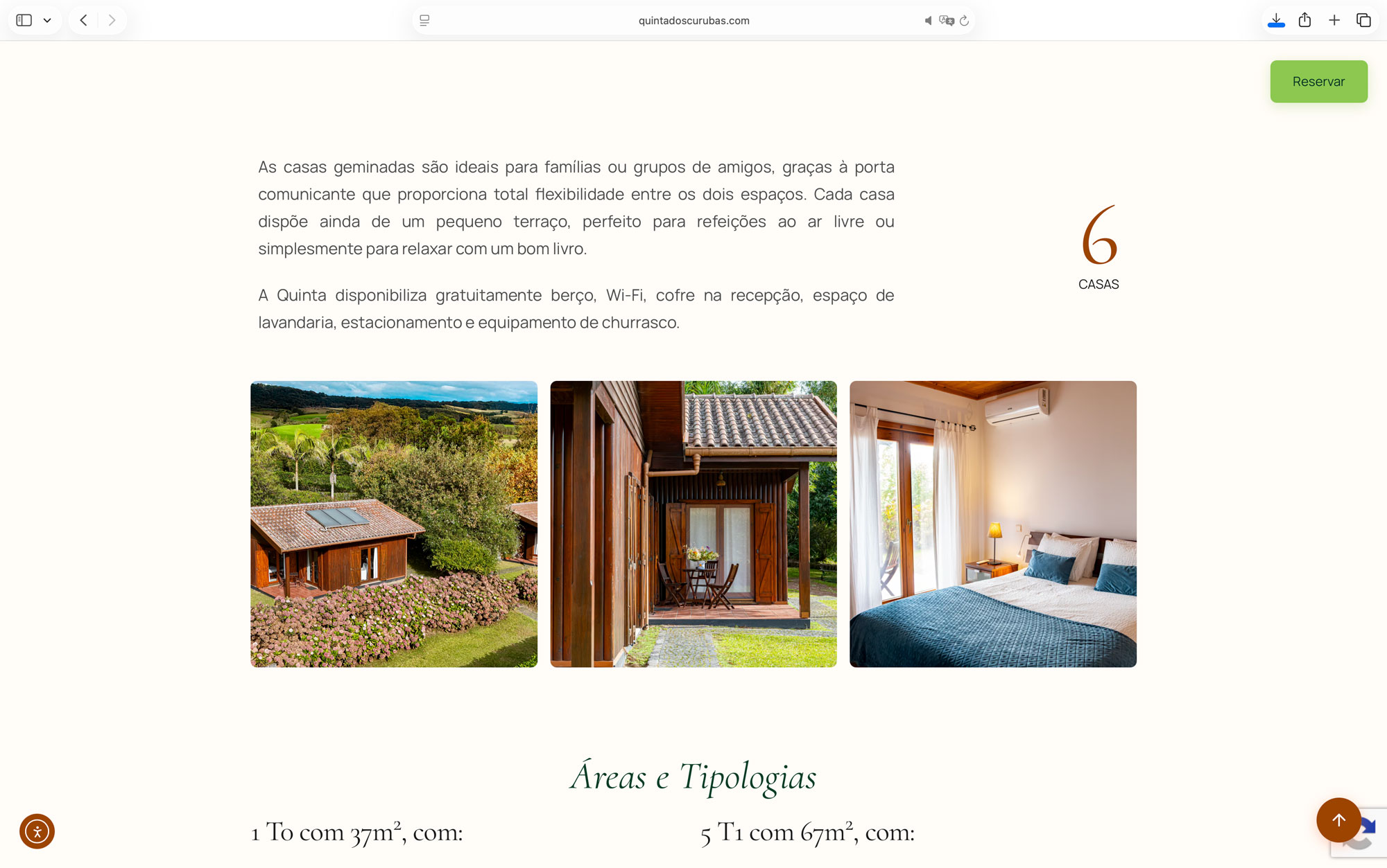 Screenshot do website Quinta dos Curubas Cottages, página de detalhe