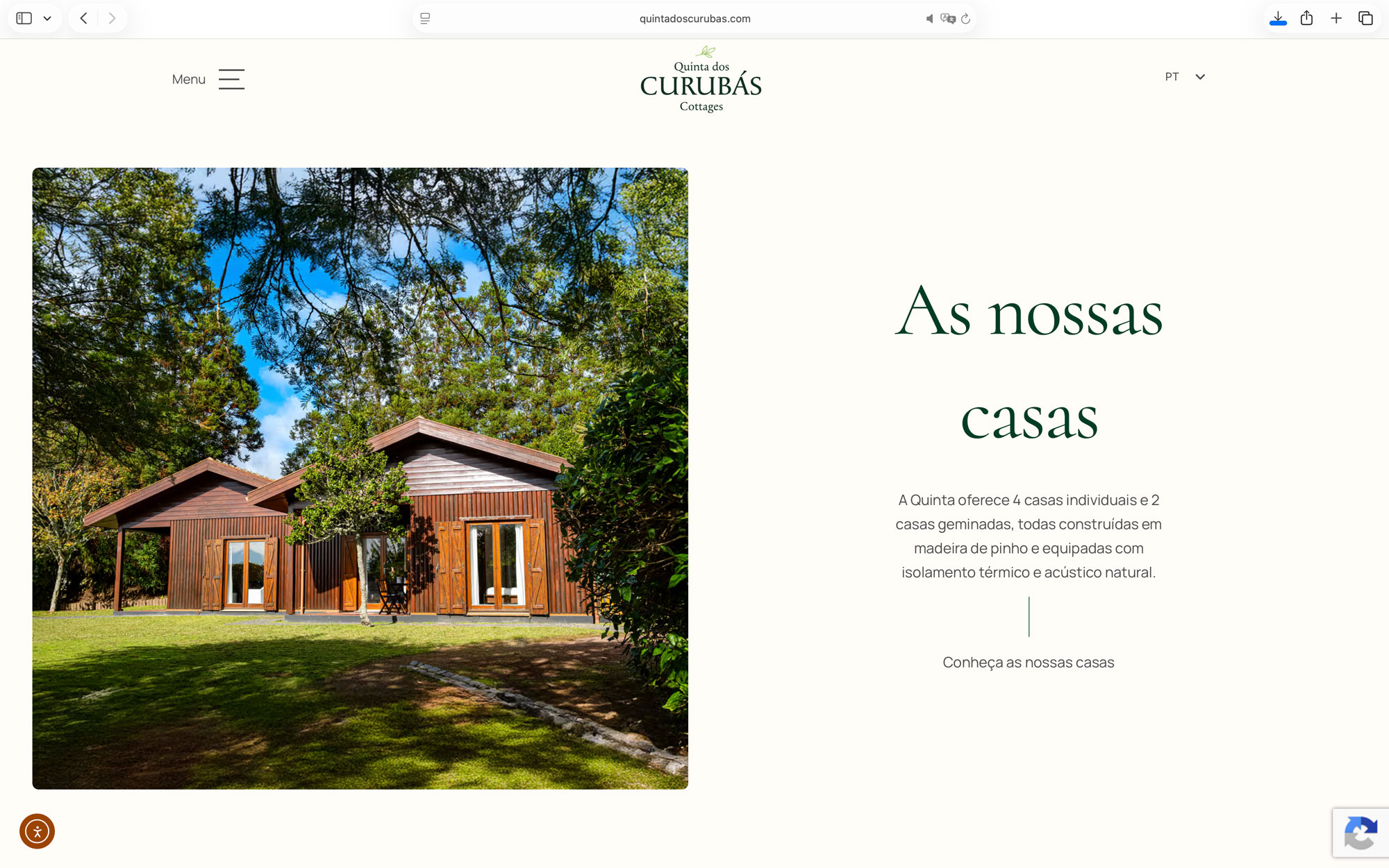 Screenshot do website Quinta dos Curubas Cottages, secção sobre