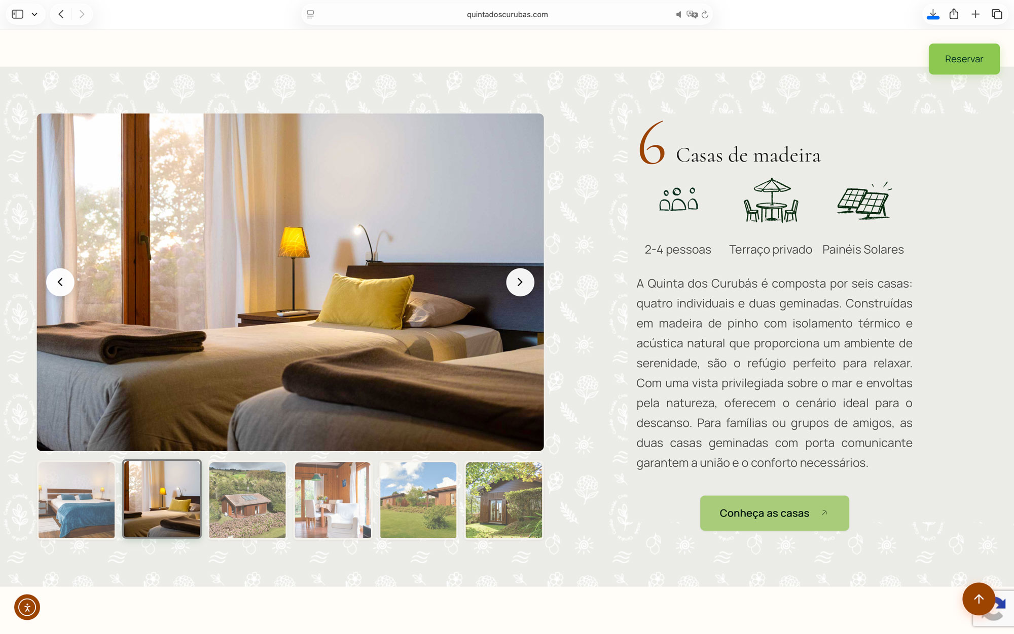 Screenshot do website Quinta dos Curubas Cottages, página de reservas